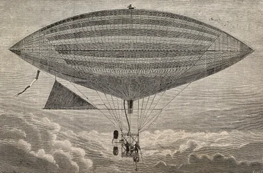 Globo eléctrico con hélice, prototipo de Gaston (18473-1899) y Albert Tissandier (1839-1906), París, Francia, grabado de L