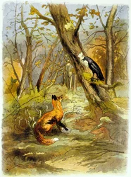 Fábula de La Fontaine: El cuervo y el zorro (ilustración, c. 1900)