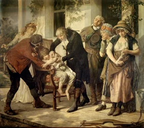 La primera vacunación de Edward Jenner (1749-1823), médico británico que descubrió la vacuna contra la viruela. Pintura de Gaston Mélingue (1840-1914), 1796. París, Academia de Medicina