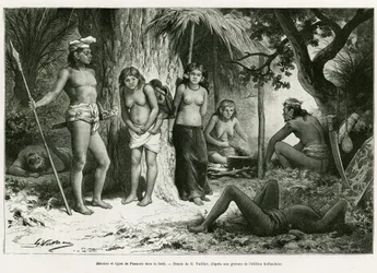 Bivouac y tipos de Lung en el bosque. Grabado por G. Vuillier, para ilustrar la historia De Koutei a Bandjirmasin, viaje por Borneo, por Carl Bock, en le tour du monde 1890, dirigido por Edouard Charton (1807-1890), Hachette, París.