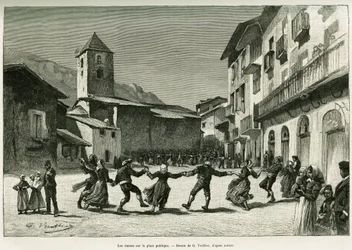 Bailes en la plaza pública. Grabado de G.Vuillier, para ilustrar la historia El valle de Andorra, de Gaston Vuillier, en Le Tour du Monde 1888, dirigido por Edouard Charton (1807-1890), Hachette, París.