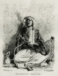 Retrato de Djohar, gobernador del djof (agrupación de 7 u 8 aldeas, construidas a una distancia de 10 minutos entre sí, en línea), fumando narguile. Grabado por G. Vuillier, ilustración de la historia “Peregrinaje al Nedjed, cuna de la raza árabe”, por Lad