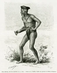 Sibou Mobang, jefe de caníbales. Grabado por G. Vuillier, para ilustrar la historia 
