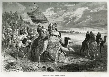 El Berak, la bandera del Emir Ibn Al Rashid (1872-1890) (Arabia Saudita). Grabado por G.Vuillier, para ilustrar la historia “peregrinación al Nedjed, cuna de la raza árabe”, por Lady Anna Blunt, en 1878-1879, publicado en el Tour du monde, bajo la direcció