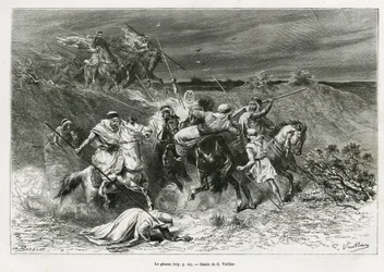 El Ghazou, o razzia, saqueo con una mano. Grabado por G.Vuillier, para ilustrar la historia “peregrinación al Nedjed, cuna de la raza árabe”, por Lady Anna Blunt, en 1878-1879, publicado en el Tour du monde, bajo la dirección de Edouard Charton (1807-