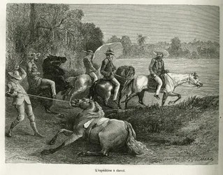 La expedición a caballo para la exploración del valle de Terable, grabado después de un dibujo de G. Vuillier, ilustración de la historia De Cayena a los Andes, por Jules Crevaux, médico de la marina francesa, en 1878-1879, publicado en el tour du monde, b