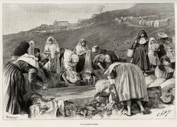 Las lavanderas de Osilo (Italia), mujeres reunidas alrededor del estanque. Grabado y historia “La Cerdeña” por Gaston Vuillier, en 1890, en Le tour du monde, nuevo diario de viajes, bajo la dirección de Edouard Charton