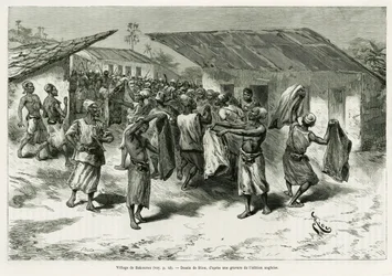 El pueblo de Bakourou, los indígenas reciben regalos para las negociaciones de paz. Grabado por G. Vuillier, para ilustrar la historia 