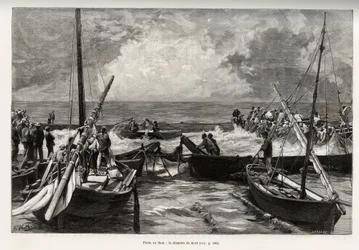 Pesca de atún (matanza): la cámara de la muerte, los atunes presionados en un espacio reducido son cubiertos por los arpones de los pescadores. Ilustración de “La Sardaigne” por Gaston Vuillier (1845-1915), en 1890, en Le tour du monde, nouveau journal des