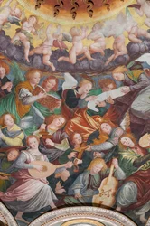 Detalle de la Asunción de la Virgen, conocido como "El coro de ángeles tocando música", Cúpula del crucero, de 1534 (fresco)