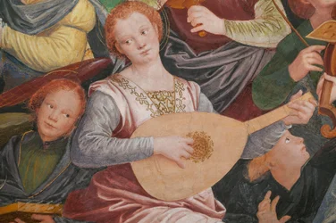 Detalle de la Asunción de la Virgen, conocido como "El coro de ángeles tocando música", Cúpula del crucero, de 1534 (fresco)