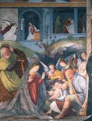 Natividad, fresco de Gaudenzio Ferrari (1475-1546), Iglesia de San Cristóbal, Vercelli, Italia