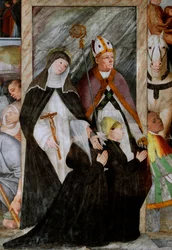 Santa Catalina de Siena, San Nicolás de Bari y dos postores de rodillas