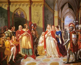 Tancredo enviando a Constanza de Hauteville a su marido Enrique IV, por Gennaro Maldarelli (1795-1858), Italia