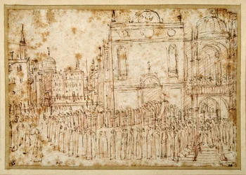 Procesión veneciana moviéndose de una scuola a una iglesia adyacente