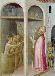 San Nicolás resucita a los tres niños arrojados en cubas de salmuera, detalle de una tabla de predela del Retablo Quaratesi, 1425