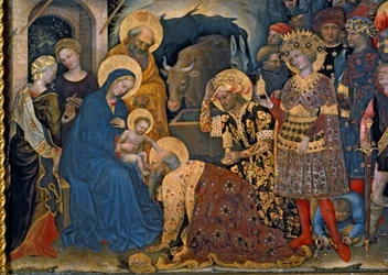La adoración de los Magos, detalle de la Virgen con el Niño y los tres reyes, 1423