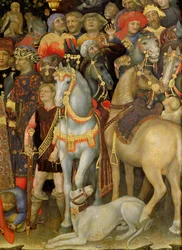 La Adoración de los Magos, detalle de jinetes, caballos y perro (detalle)