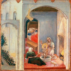 El nacimiento de San Nicolás, tabla de la predela del Políptico Quaratesi de Gentile da Fabriano (1370-ca 1427), temple sobre tabla, 355 x 36 cm