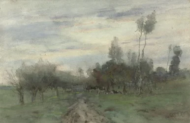 Camino rural con vacas al atardecer