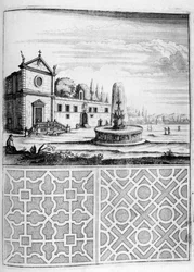 Casa, fuente y diseño de jardín