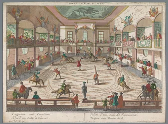 Vista de una escuela de torneo Prospect eines Turnier Saal (título sobre el objeto) Escuelas de torneos y esgrima (título de la serie)