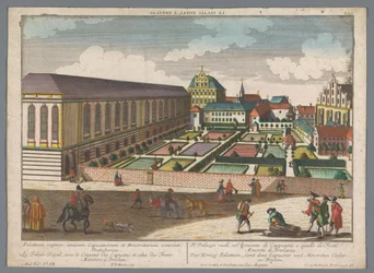 Vista del Palacio Real y el Convento de los Frailes Menores Capuchinos en Wroclaw Das Könige Palatium, samt dem Capuciner und Minoritten Closter zu Breslau (título sobre el objeto) Breslavia (título de la serie)