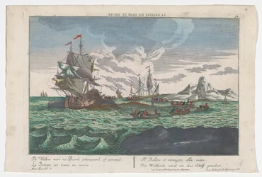 Vista del remo de las ballenas a los barcos Der Wallfisch wird an das Schiff gerudert (título sobre objeto) Caza de ballenas en Groenlandia (título de la serie)