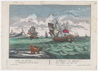 Vista de los barcos que navegan en el mar de hielo Das Seeglen auf dem Eis (título sobre el objeto) Caza de ballenas en Groenlandia (título de la serie)