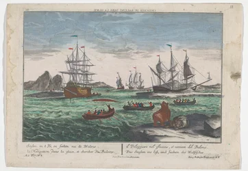Vista de la búsqueda de las ballenas Das Seeglen ins Eiß, und Suchen des Wallfisches (título sobre objeto) Caza de ballenas en Groenlandia (título de la serie)