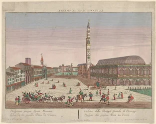 Vista de la Piazza dei Signori de Vicenza con carruajes tirados por caballos y figuras ..., ca. 1750-1801