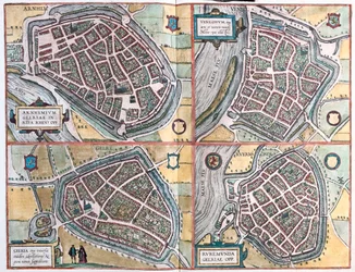 Arnhem, Geltre, Venlo, Roermond - Países Bajos- en "Civitates Orbis Terrarum" de Georg Braun, Colonia 1617