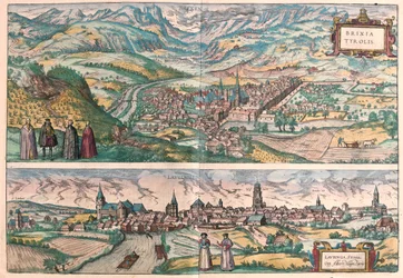 Bressanone, Italia - Lauingen, Donau, Alemania - en "Civitates Orbis Terrarum" de Georg Braun, Colonia 1617
