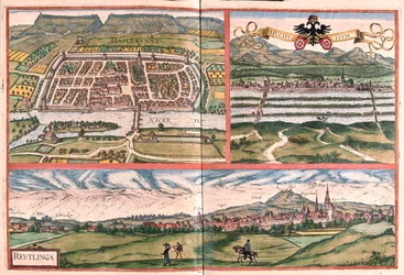 Heilbronn, Mulhouse - Reutlingen, Alemania - en "Civitates Orbis Terrarum" de Georg Braun, Colonia 1617