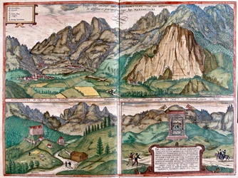 Valle del Inn - Schlosberg - La cueva del emperador Maximiliano I - Austria - en "Civitates Orbis Terrarum" de Georg Braun, Colonia 1617