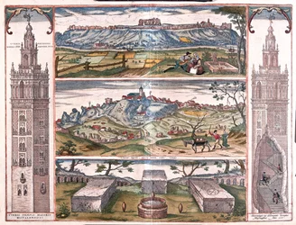 Seviglia - Gerena (la Giralda de Sevilla) - 5 vistas de San Juan en el Guadalquivir, 3 tumbas romanas y torre al lado, en "Civitates Orbis Terrarum" de Georg Braun, Colonia 1617