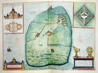 El castillo y observatorio de Uraniborg en la isla de Hven, Dinamarca, construido c.1584 por Tycho Brahe, de Urbium Praecipuarum Mundi Theatrum Quintum, publicado en Colonia, 1598