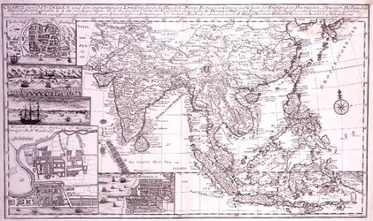 India hasta Nueva Guinea occidental incluyendo el sur de Japón y las Filipinas, grabado por J.B. Bruhl, c.1737