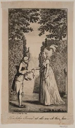 Ilustración con dama y caballero en un parque