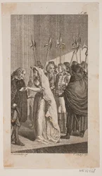 Ilustración de una joven entregando una carta a un hombre mayor. En el fondo, dos caballeros rodeados de guardias de la ciudad