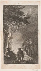 Ilustración con figuras alrededor de una hoguera