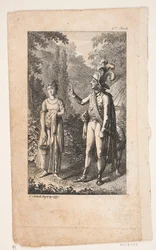 Ilustración con caballero y dama en paisaje