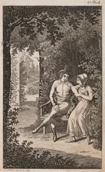 Ilustración con pareja en un banco en un jardín