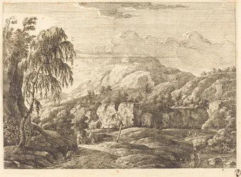 Paisaje con cruz y figuras