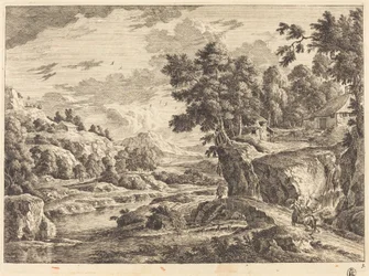 Paisaje con un puente y tres edificios de granja