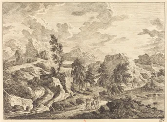 Paisaje con el sol naciente y un jinete con asistente