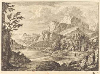 Paisaje montañoso con un castillo en ruinas y un puente arqueado en la distancia