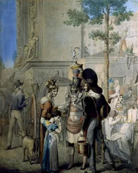Vendedor de cocos en Porte Saint Denis en París. Antigua tienda de comerciantes vendiendo copas de coco en las calles de París. Dibujo de George Emanuel Opitz, París. Museo Carnavalet