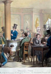 Mesa de París: vista del café du commerce: burgueses hablando, jugando al dominó. Litografía de George Emanuel Opitz (1775-1841) Siglo XIX. París, Museo Carnavalet