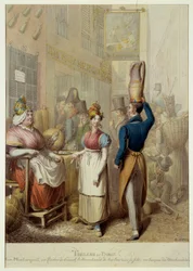 Tableau de Paris: rue Montorgueil y café restaurante "Le Rocher de Cancale" en París. Comerciantes callejeros y transeúntes. Litografía del alemán George Emanuel Opitz (1775-1841)